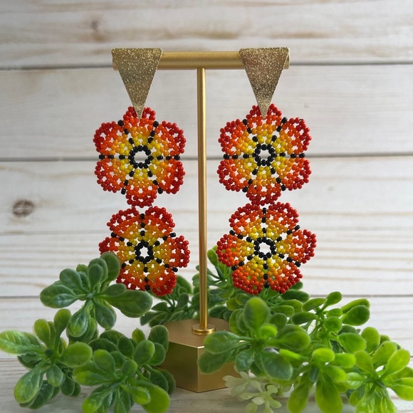 Red & Yellow Boho Flower Dangle Earrings - Seed Bead Floral Dangle Earrings - - Picture 2 of 4